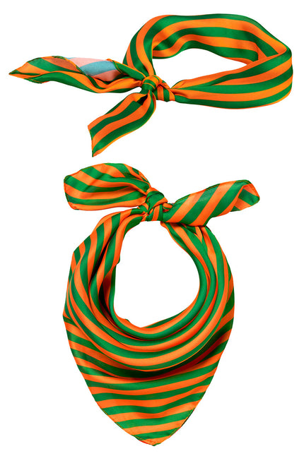 Bandana oranje groen gestreept Tilburg Kruikenstad, vierkante doek van 52 x 52 cm geknoopt voor carnaval