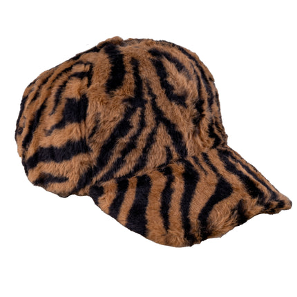 Baseballpet tijger van pluizig imitatiebont, zijaanzicht met gebogen klep vol tijgerprint
