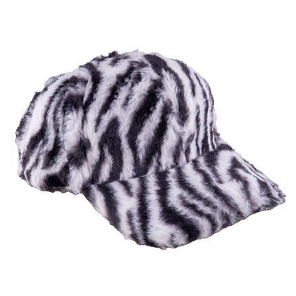 Baseballpet zebra van dichtbij, zwart-witte strepen over bol en klep in harige plushstof