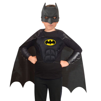 Batman set kind in zwart met halfmasker, vleermuisoren, cape en armbeschermers voor een superheldenfeest