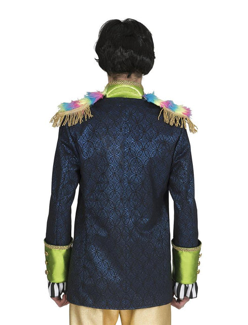 Beatles pak Ringo heren achterkant met donkerblauw cirkelpatroon en epauletten in regenboogkleuren