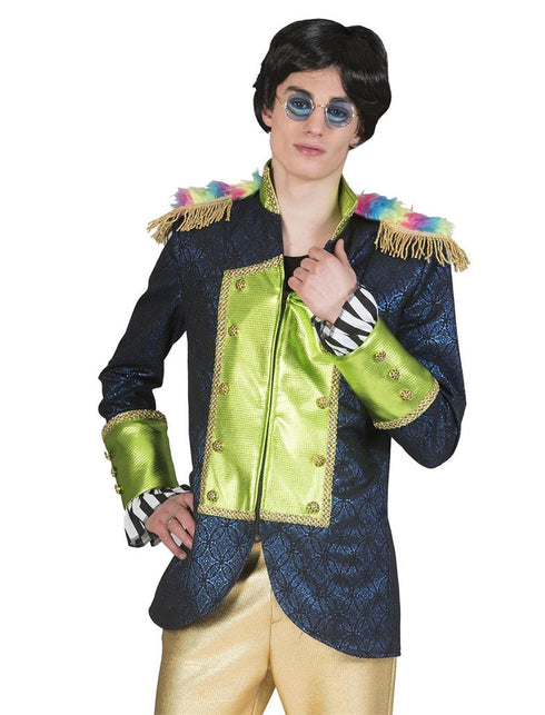 Beatles pak Ringo heren vooraanzicht, blauwe jas met limoengroen voorpand en gouden knopen voor carnaval