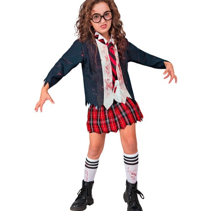 Bebloed shirt en gerafelde blazer van het zombie schoolmeisje kostuum, gedragen door meisje
