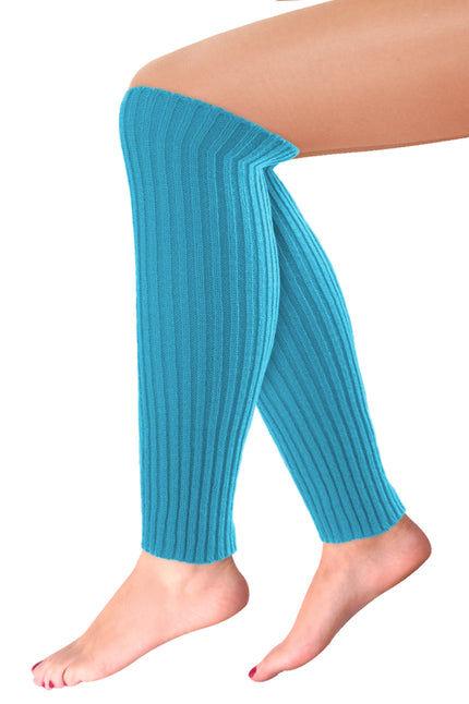 Beenwarmers basic turquoise, ribgebreid model van 40 cm over kuit en enkel, voor een jaren 80-feest