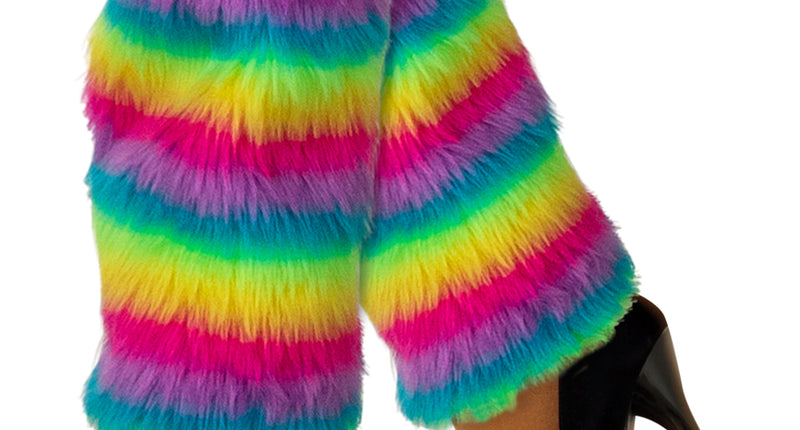 Beenwarmers pluche met regenboogstrepen in roze, paars, blauw en geel, gedragen tot onder de knie bij Pride