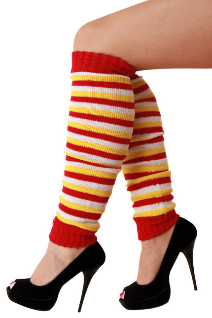 Beenwarmers rood wit geel met smalle strepen en rode geribbelde boorden, gedragen tot over de knie voor carnaval
