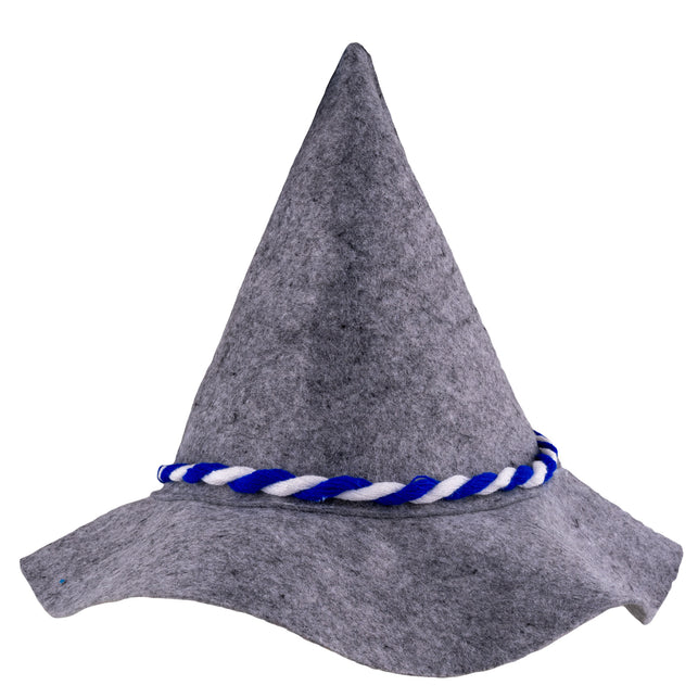 Beierse boerenmuts in gemêleerd grijs met spitse punt en gedraaid blauw-wit koord voor Oktoberfest