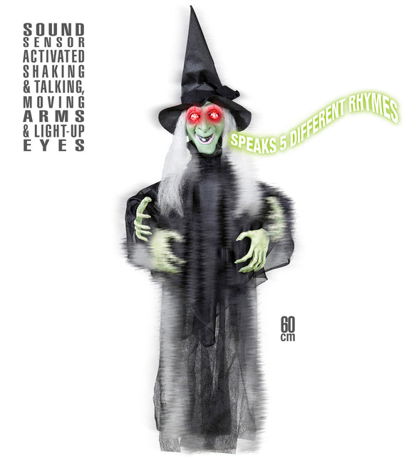 Bewegende heks met geluid met rood oplichtende ogen en schuddende groene handen, halloweendecoratie