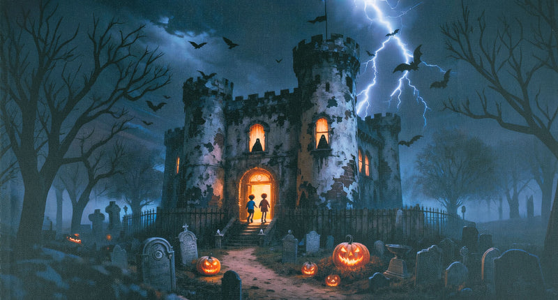 Bezeten schilderij animatronic met spookkasteel, kerkhof en oranje pompoenen als halloweendecoratie