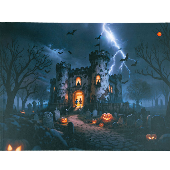 Bezeten schilderij animatronic met spookkasteel, kerkhof en oranje pompoenen als halloweendecoratie