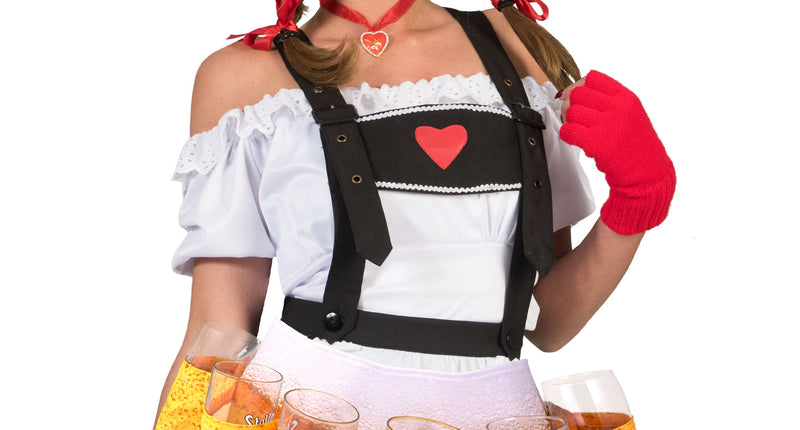 Biergordel voor 6 drankjes in geel met bierprint, gedragen om de heupen bij een Oktoberfest-outfit