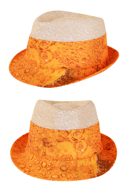 Bierhoed fedora oranje met bierprint en witte schuimrand, feesthoed voor Oktoberfest