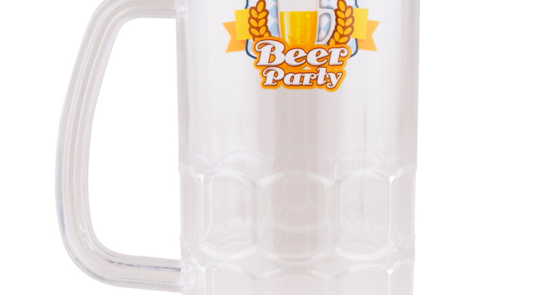 Bierpul 500 ml van transparant kunststof met Beiers Ein Prosit Beer Party-logo en breed oor