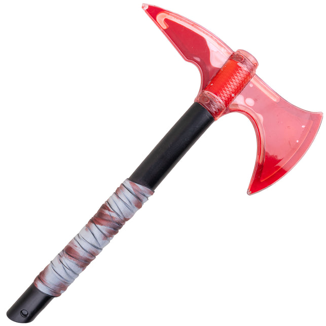Bijl met bloed, nepbijl met doorschijnend rood blad en zwarte steel met bebloede wikkeling voor Halloween