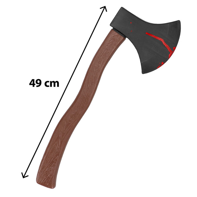 Bijl Bloody 49 cm met maatpijl langs de bruine steel en zwarte kop