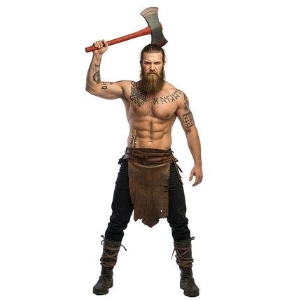 Bijl Warblade boven het hoofd geheven door een viking met baard en leren lendendoek