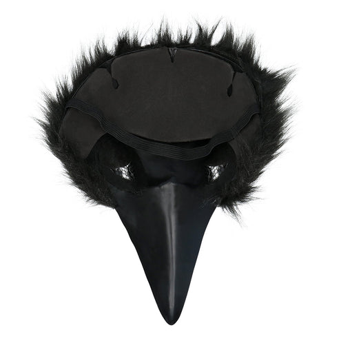 Binnenkant van het pluchen kraaienmasker met hoofdband en gaasjes ter hoogte van de ogen