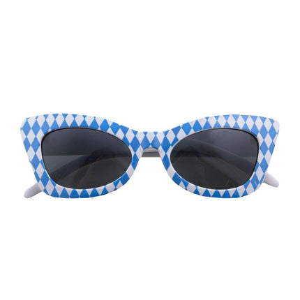 Blauw-witte oktoberfestbril van voren met spitse cat-eyevorm en donkere glazen voor bierfeesten