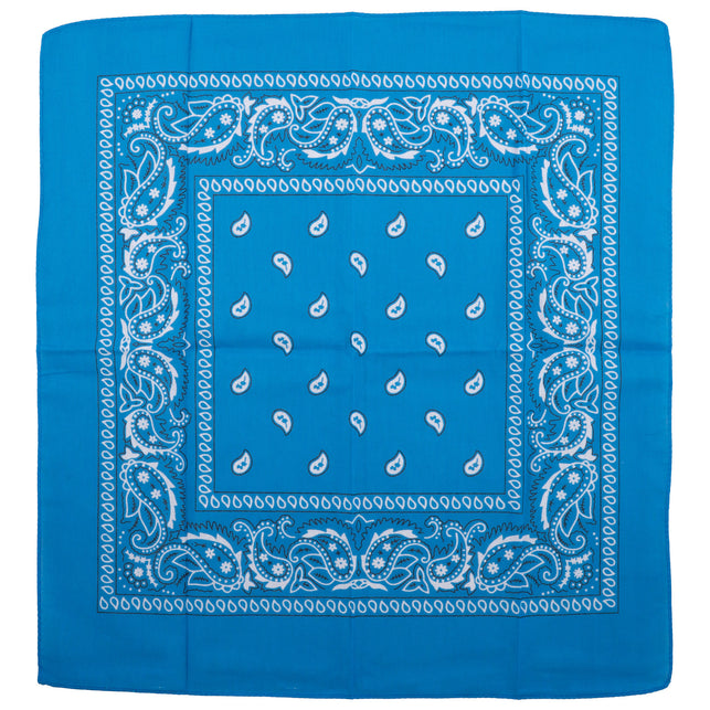 Blauwe bandana 50 x 50 cm uitgevouwen met witte paisleyprint en sierrand