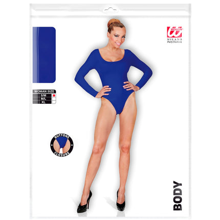 Blauwe body met lange mouwen en knoopsluiting voor dames in de verpakking met maattabel