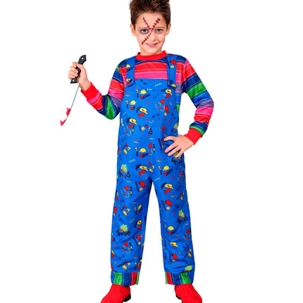 Blauwe chucky tuinbroek met speelgoedprint en regenboog gestreept shirt met rode boorden, vooraanzicht