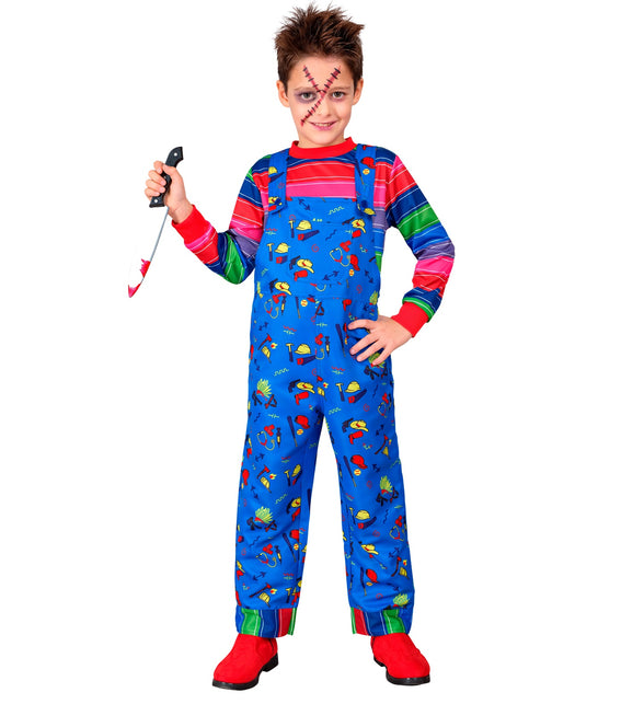 Blauwe chucky tuinbroek met speelgoedprint en regenboog gestreept shirt met rode boorden, vooraanzicht