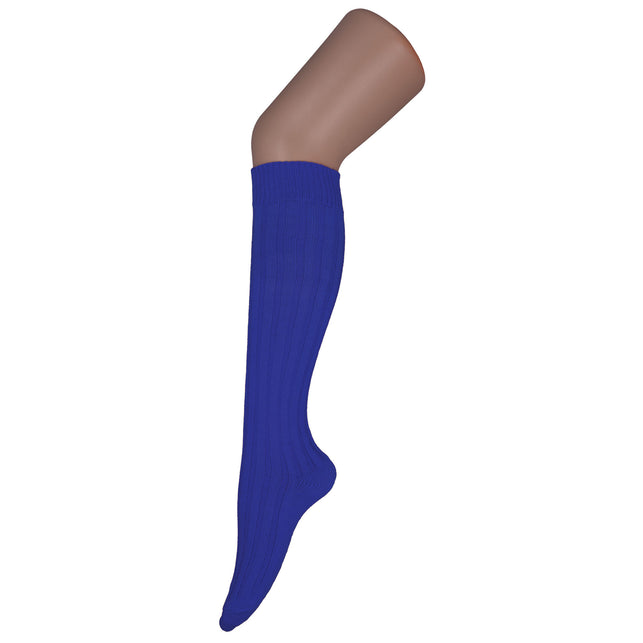 Blauwe kniekousen 60 cm in kobaltblauw met verticale rib en omslagboord, voor dames op Oktoberfest