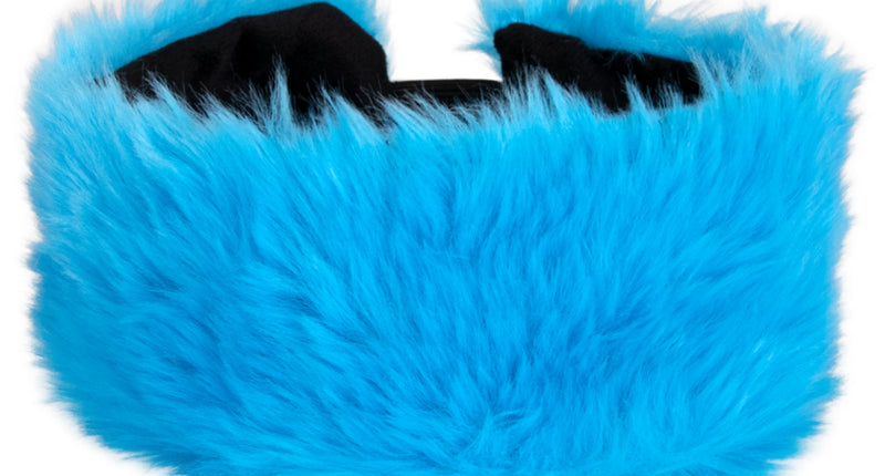 Blauwe pluche hoofdband met langharig felblauw nepbont en zwarte binnenband voor een verkleedfeest
