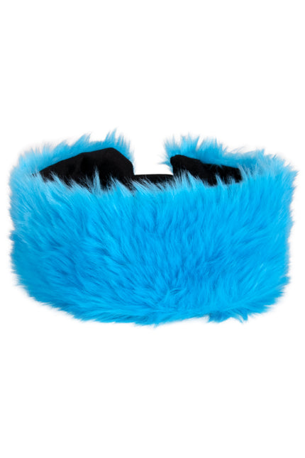 Blauwe pluche hoofdband met langharig felblauw nepbont en zwarte binnenband voor een verkleedfeest