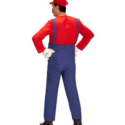 Blauwe tuinbroek van de loodgieter Mario outfit op de rug gezien, met bretels en elastiek in de tailleband