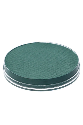 Blauwgroene aquaschmink in doorzichtig rond potje, zijaanzicht van de vlakke schminkcake