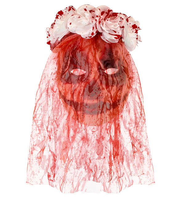Bloederig bruidsmasker met sluier, witte rozenkrans en rode bloedprint op gaas voor Halloween