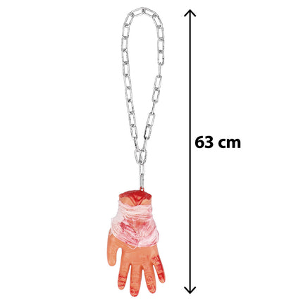 Bloederige hand decoratie met maataanduiding van 63 cm, gemeten inclusief de ketting