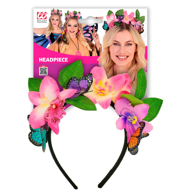 Bloemenhaarband met vlinders in verpakking, turquoise en oranje vlinders zichtbaar