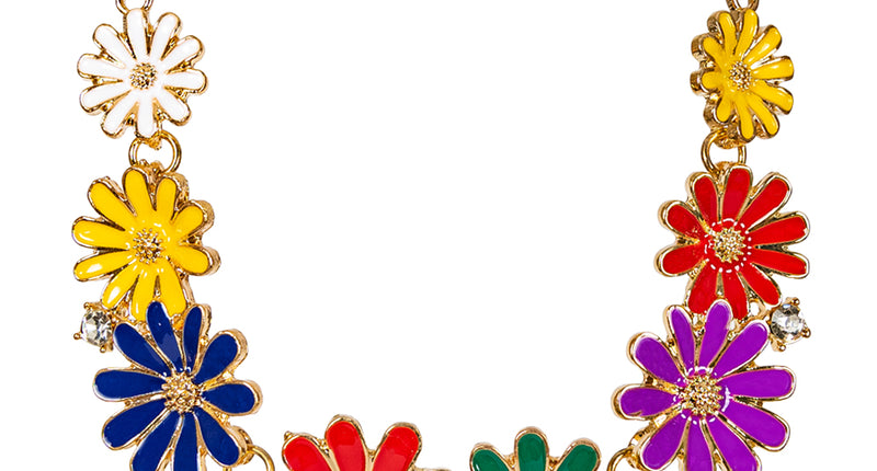 Bloemenketting meerkleurig met rode, gele, blauwe, groene en paarse bloemen aan goudkleurige schakelketting