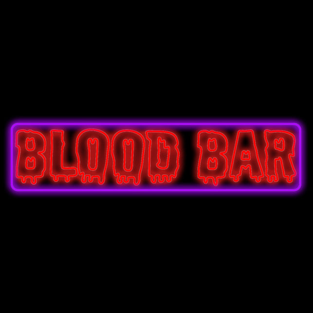Blood Bar neonbord met rode druipletters in een paars oplichtend kader voor Halloween