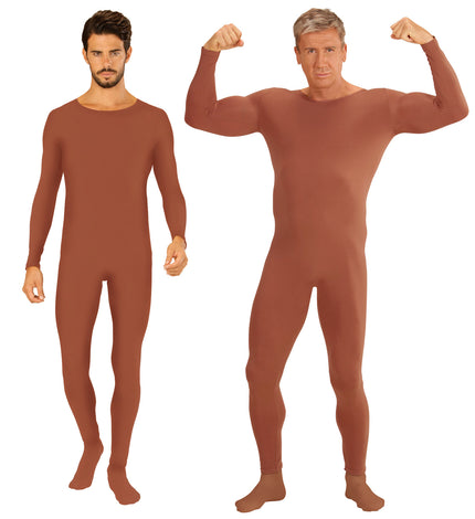 Bodysuit lichaamskleur voor heren in bruine huidtint, gedragen door twee mannen van voren