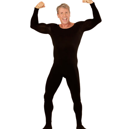 Bodysuit zwart heren met lange mouwen en dichte voeten, gedragen met opgeheven armen voor een themafeest