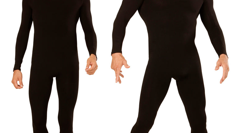 Bodysuit zwart heren met voeten en lange mouwen, vooraanzicht op twee mannen met ronde hals