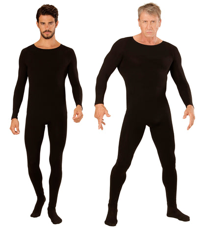 Bodysuit zwart heren met voeten en lange mouwen, vooraanzicht op twee mannen met ronde hals