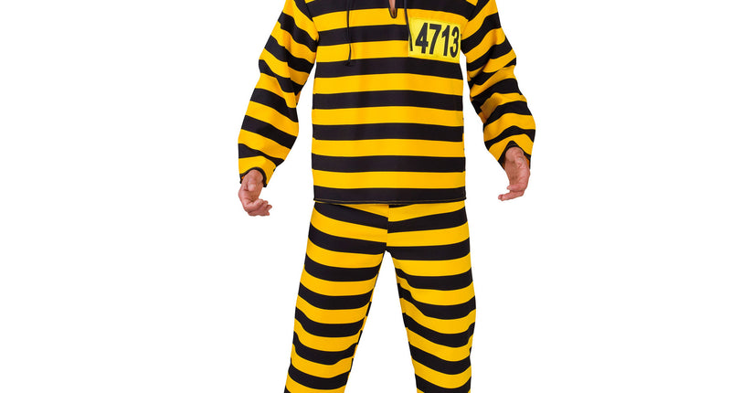 Boevenpak Calvin heren, geel-zwart gestreept shirt met nummer 4713, broek en muts voor een themafeest