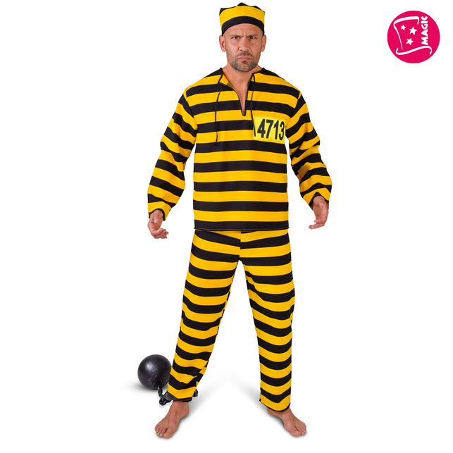 Boevenpak Calvin heren, geel-zwart gestreept shirt met nummer 4713, broek en muts voor een themafeest