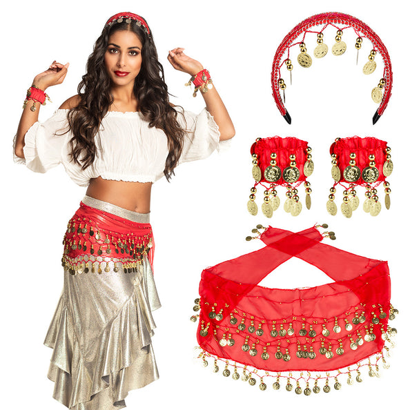 Buikdanseres verkleed set Belly dance rood: hoofdband, armbanden en muntjesriem los en gedragen voor carnaval