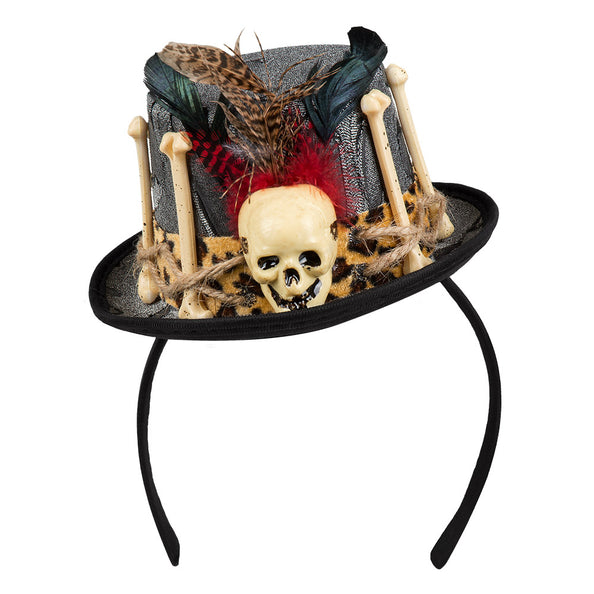Diadeem Voodoo Freda: grijs minihoedje met schedel, botjes en veren op zwarte haarband