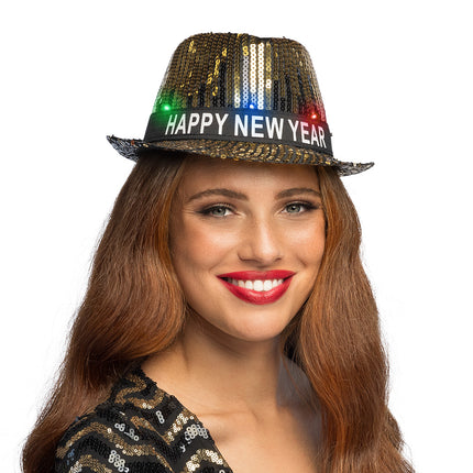 Boland Gouden LED hoed Happy New Year (met verlichting)