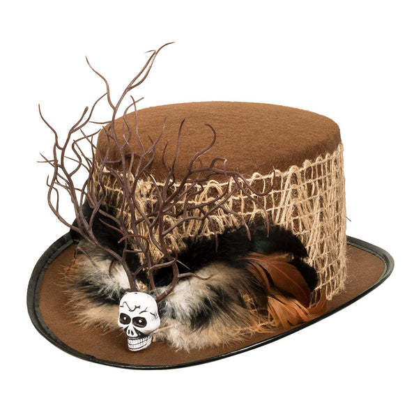 Hoed Voodoo Ayida in bruin met jutenet, gedraaide takken en wit schedeltje voor Halloween