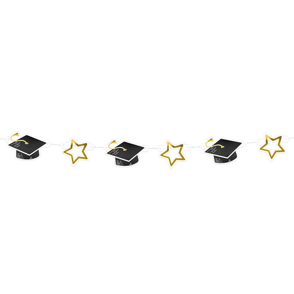 Kartonnen slinger Graduation van 3 meter met zwarte examenhoedjes en gouden sterren