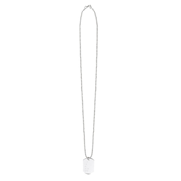 Ketting naamplaatje zilverkleurig, lange bolletjesketting met rechthoekig legerplaatje met afgeronde hoeken