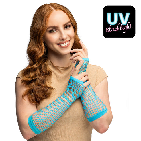 Boland Lange neonblauwe mesh handschoenen dames (elleboog)