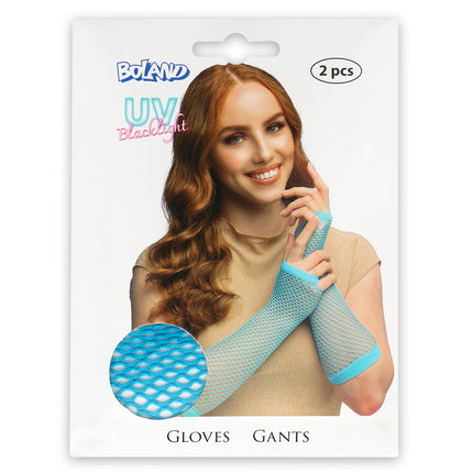 Boland Lange neonblauwe mesh handschoenen dames (elleboog)